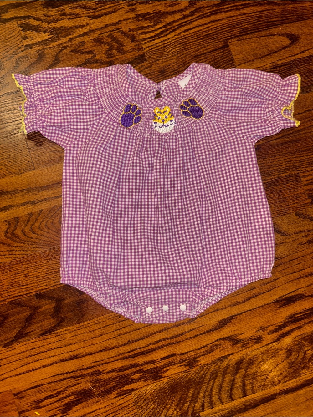 LSU Tigers Smocked Purple Gingham Baby Romper 6-12M